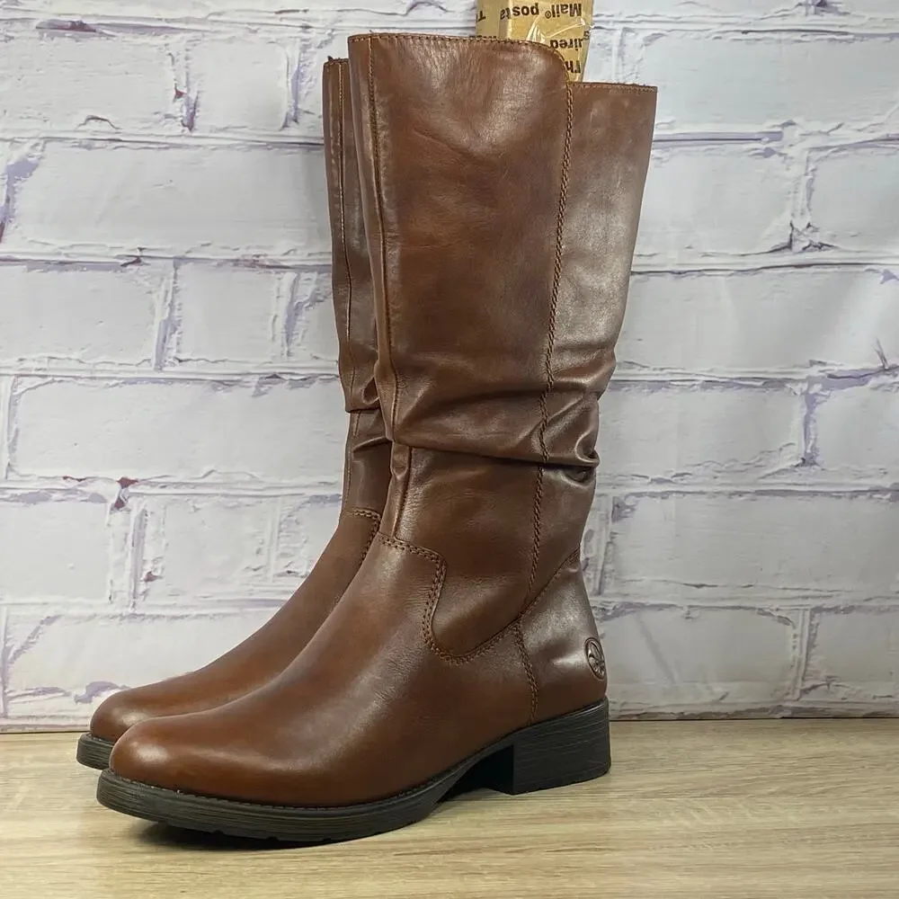 Rieker Brown Leather Knee High Faith Boots Women's 42 US 10 Tall Lined Zip
